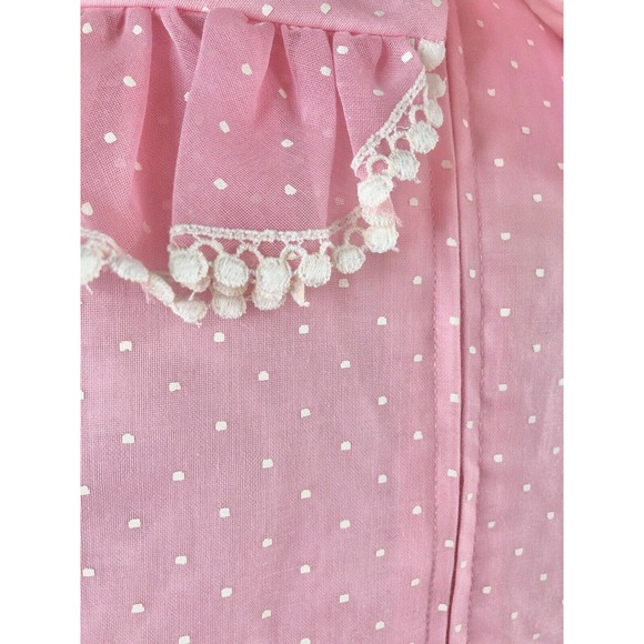 Vintage 70s Maxi Dress Pink Swiss Dot Ruffle Pom Trim Puff Sleeve ILGWU Size 7/8 - Picture 13 of 13